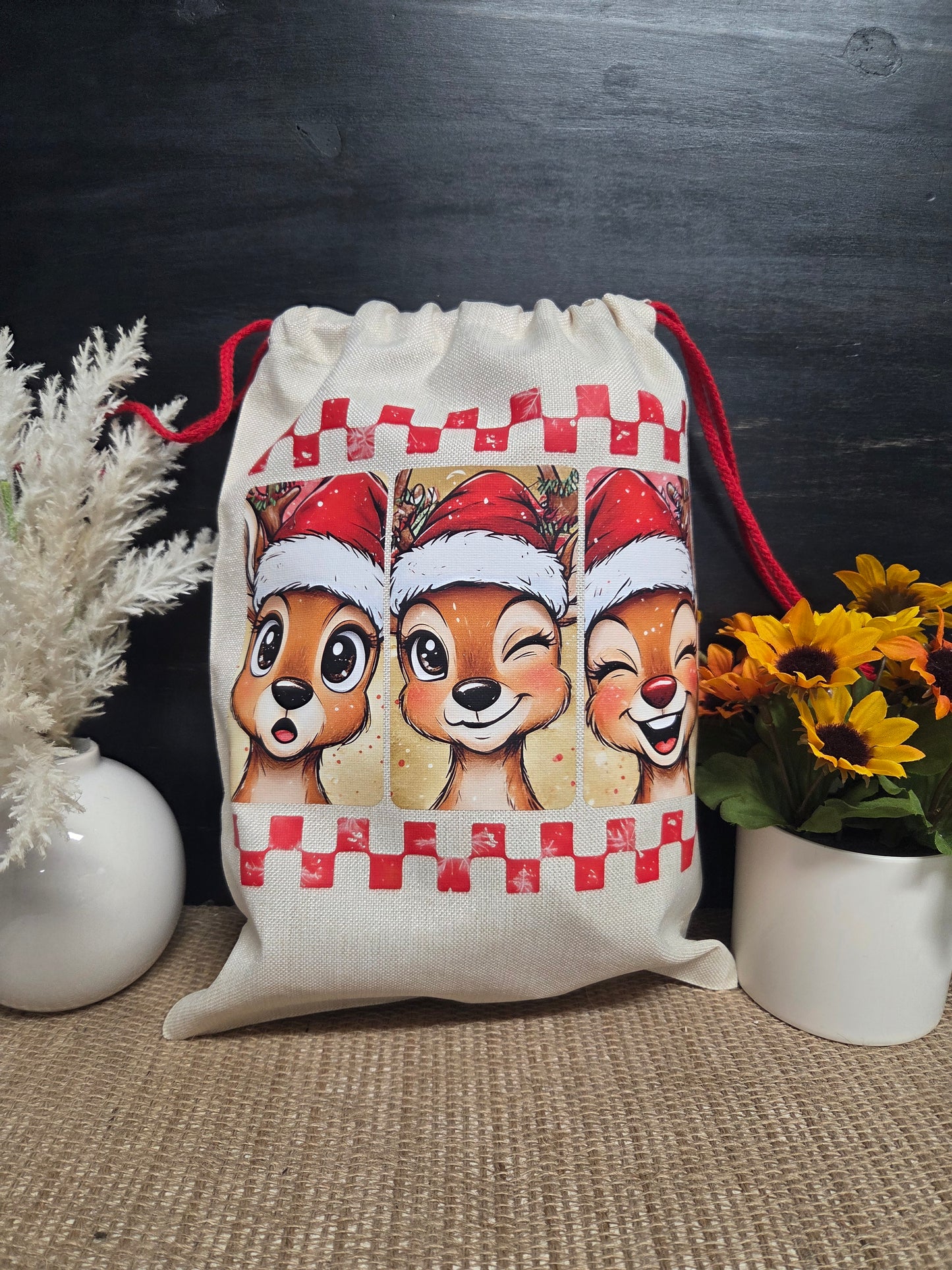 Christmas Reindeer Faces Santa Sack