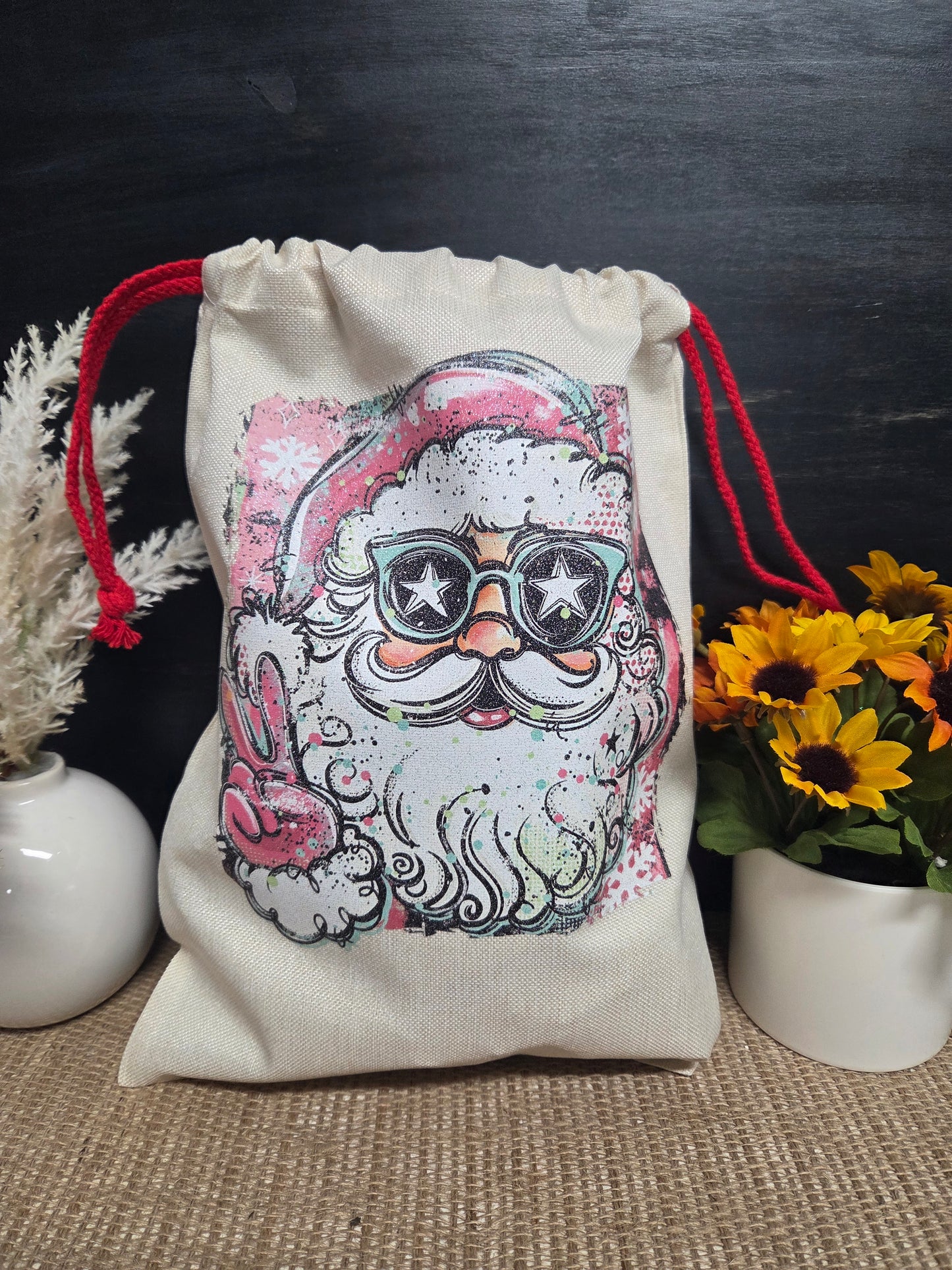 Glitter Print Retro Santa Santa Sack
