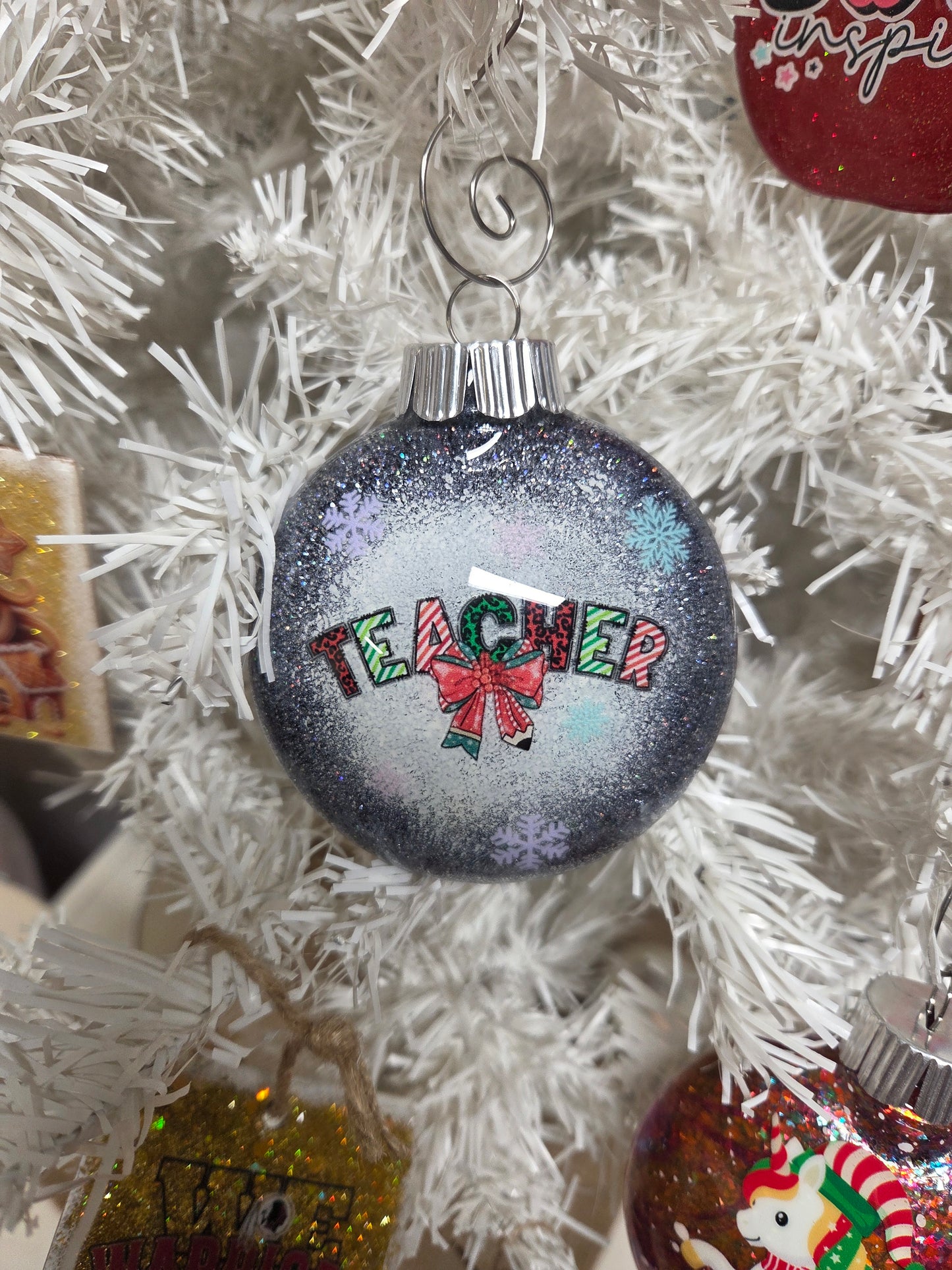 Teacher Christmas Glitter Ornament – Snowy Frosted Design with Bow