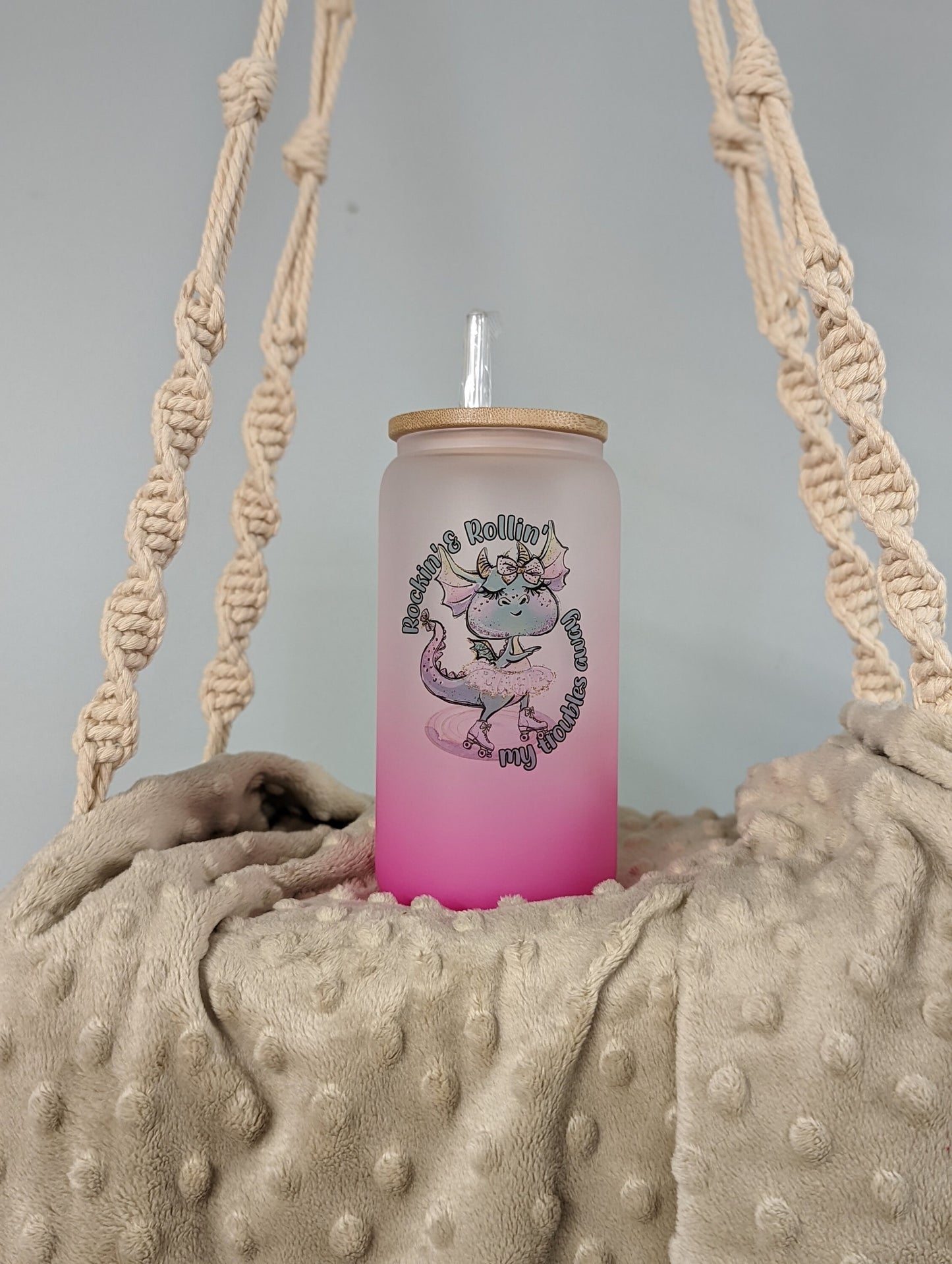 Pink Frosted Dragon Glass Cup – 16oz – “Rockin’ & Rollin’”