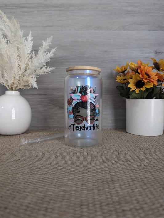 #TeacherLife Glass Can – Cute Teacher Bun Design