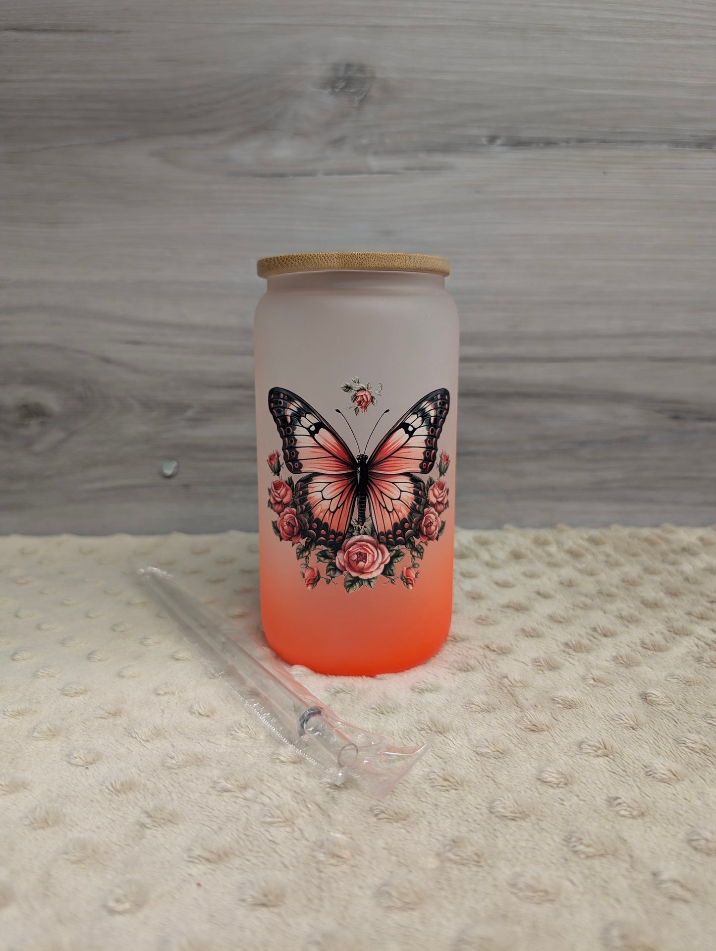 Butterfly 16oz Frosted Glass Can