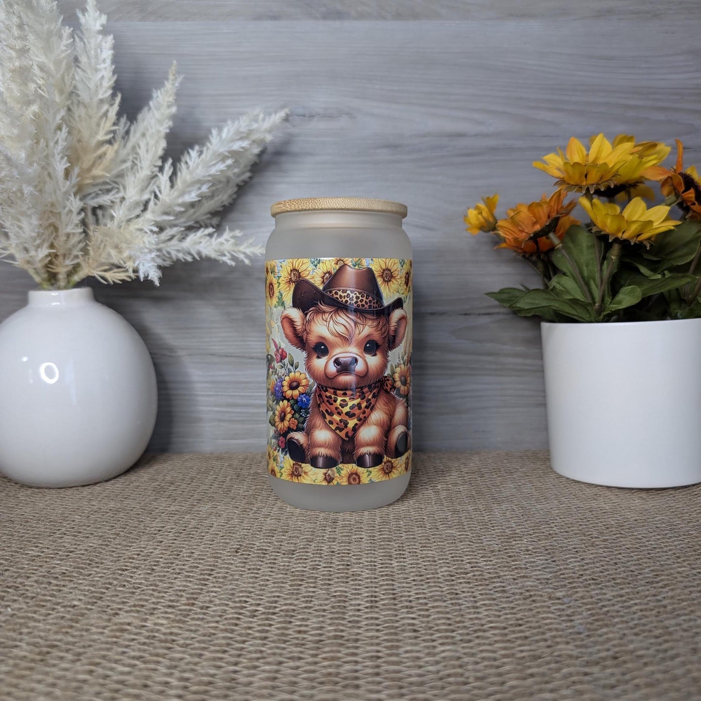 Cowboy Highland Cow 16oz Frosted Glass Can