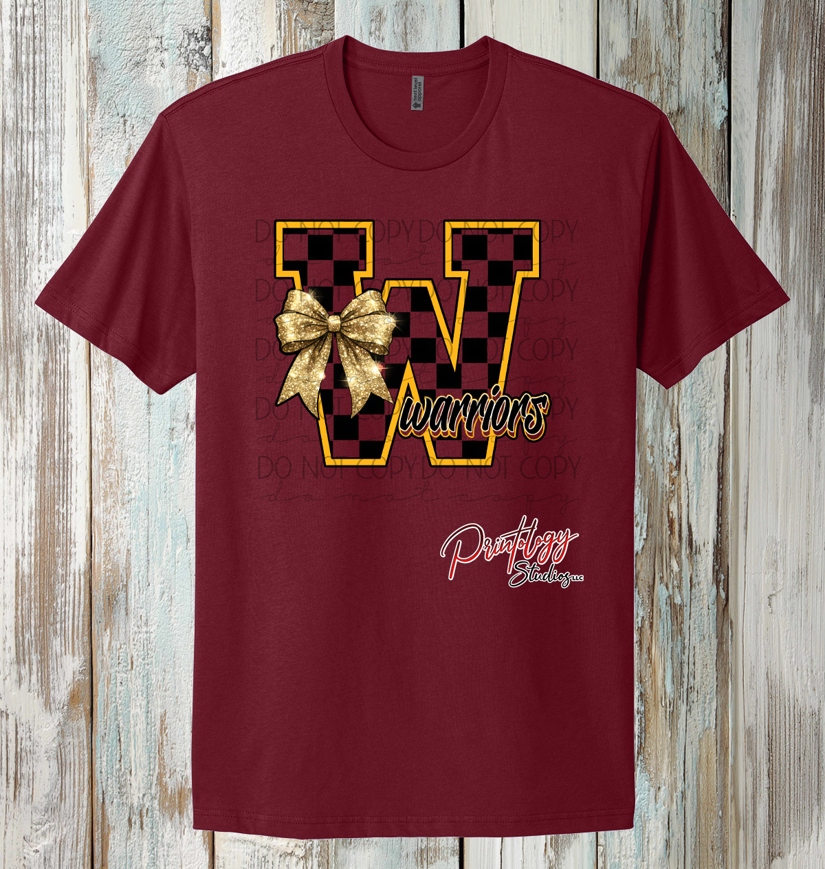 Warriors “W” Checkered Bow Tee – Cardinal & Gold Spirit Shirt