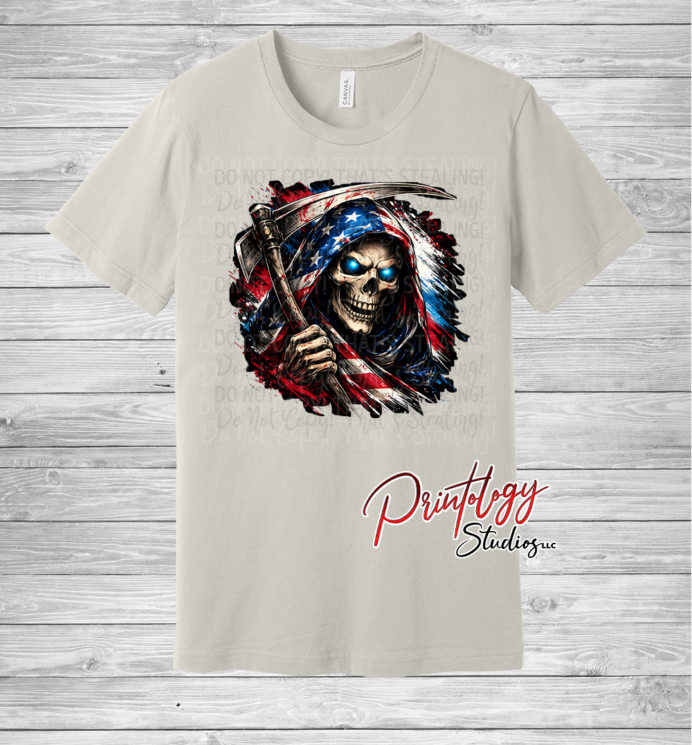 Patriotic Reaper T-Shirt – Grim Reaper American Flag Graphic Tee