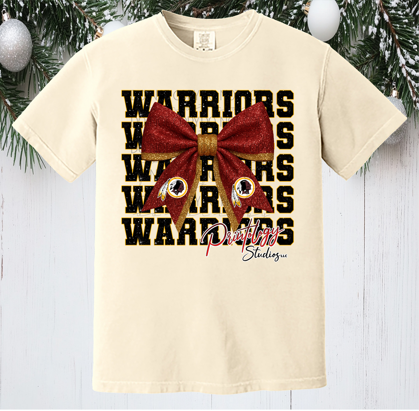 Warriors Glitter Look Bow T-Shirt – Red & Gold - Comfort Colors