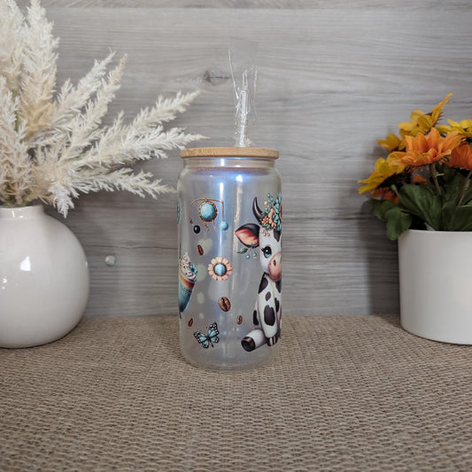 Floral Cow 16oz Frosted Glass Can