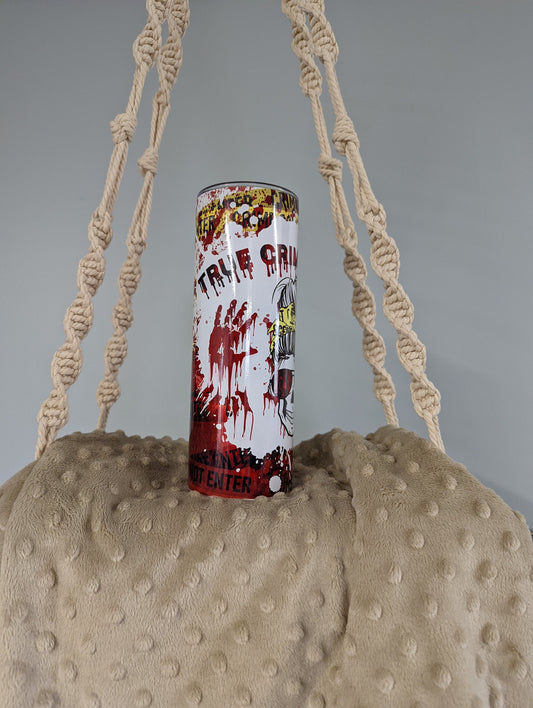 True Crime Junkie Tumbler – Bloody Skull & Crime Scene Design