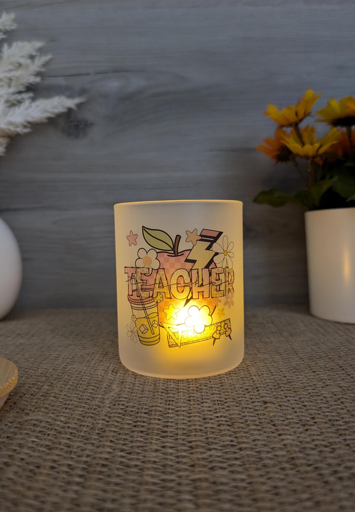 Teacher Frosted Glass Candle Holder | LED Tea Light Included