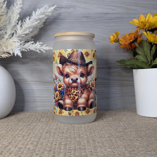 Cowboy Highland Cow 16oz Frosted Glass Can