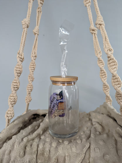 “Horror Coffee” Glass Cup – 16oz – Witchy Skeleton Iced Coffee Cup