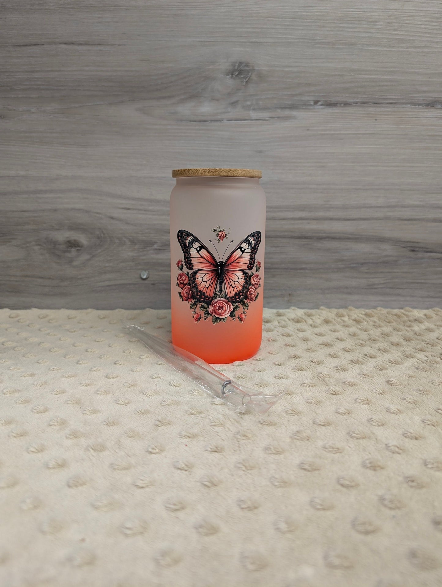 Butterfly 16oz Frosted Glass Can