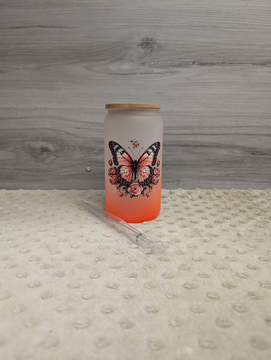 Butterfly 16oz Frosted Glass Can