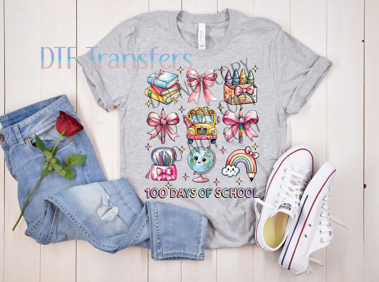 100 Days of School DTF Transfer | Cute Pastel School Icons & Bows Transfer