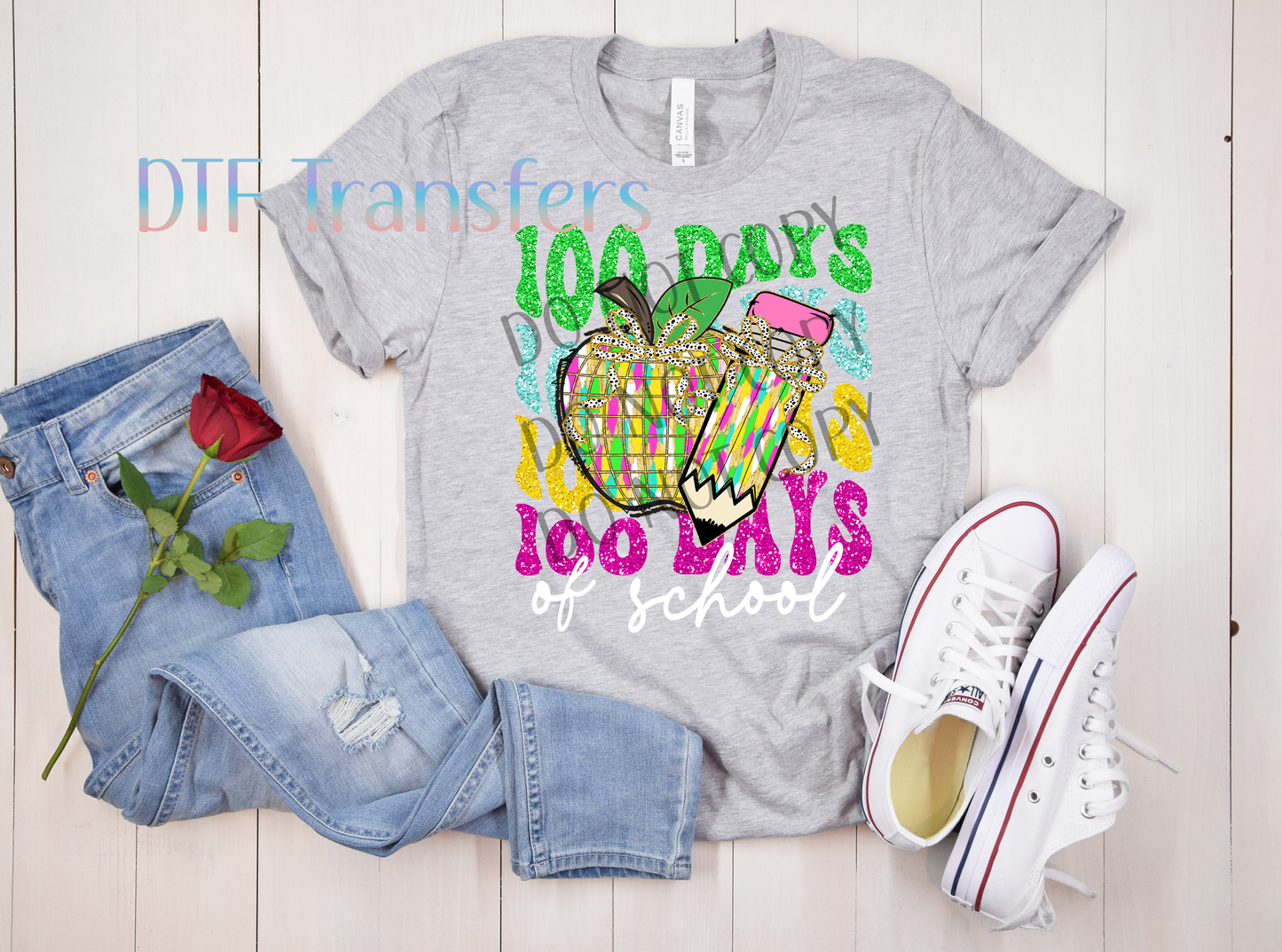 100 Days of School Shirt | Rainbow Pencil & Apple Glitter Teacher Transfer