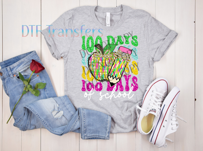 100 Days of School Shirt | Rainbow Pencil & Apple Glitter Teacher Transfer