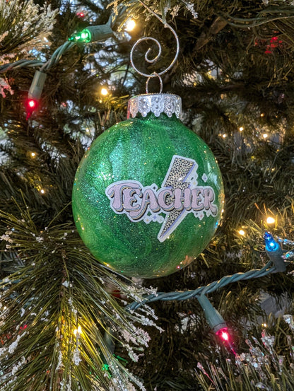 Handmade Green Glitter “Teacher” Ornament