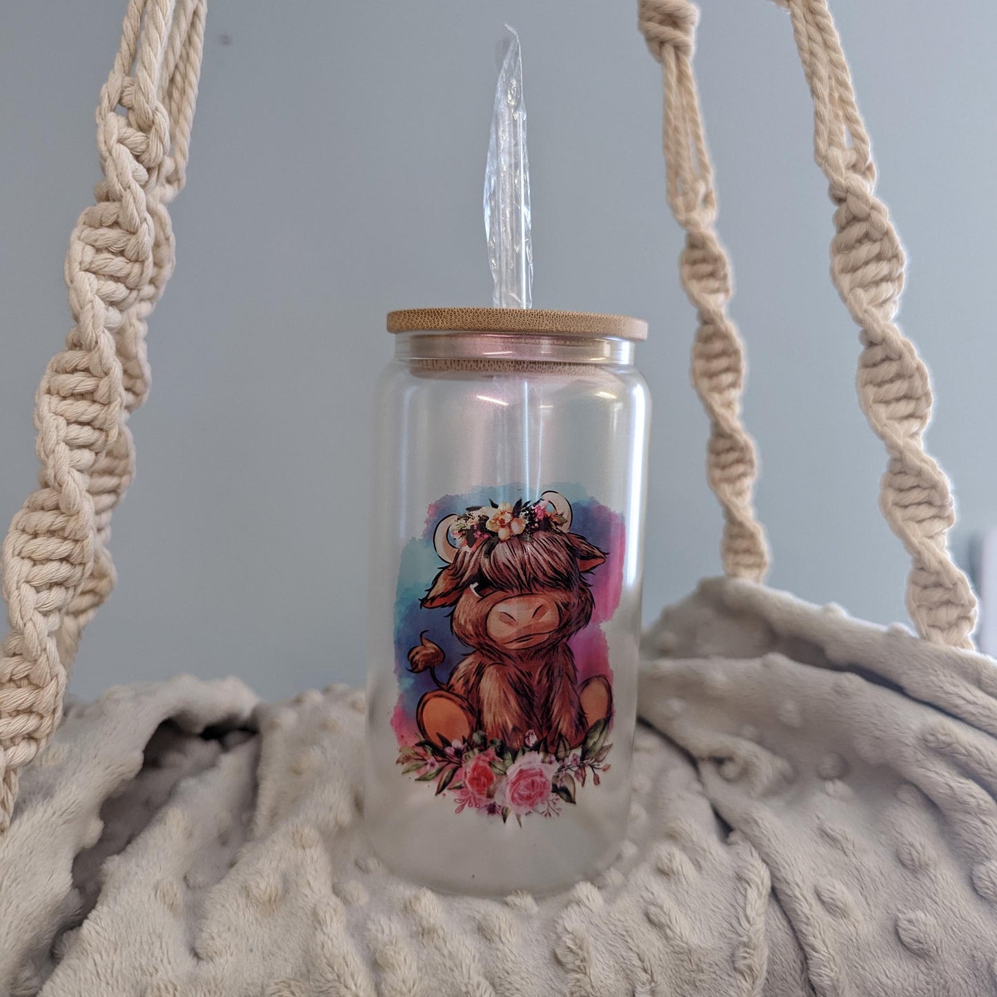 Highland Cow 16oz Frosted Glass Can With Purple Shimmer