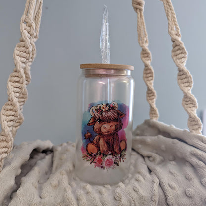 Highland Cow 16oz Frosted Glass Can With Purple Shimmer