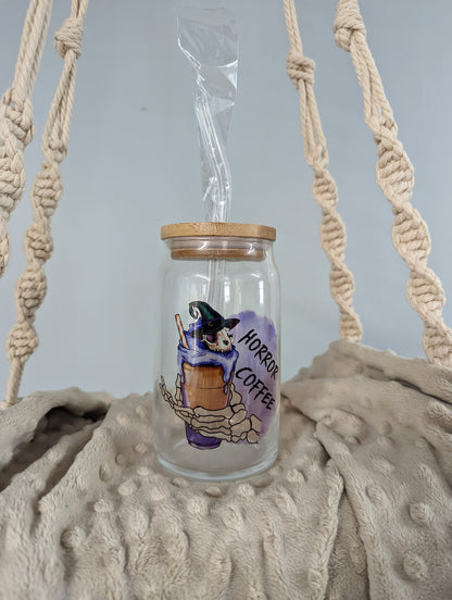 “Horror Coffee” Glass Cup – 16oz – Witchy Skeleton Iced Coffee Cup