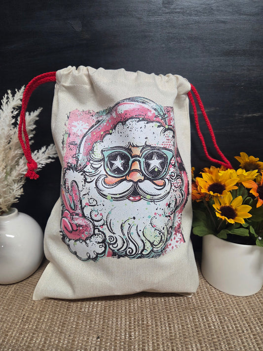 Glitter Print Retro Santa Santa Sack