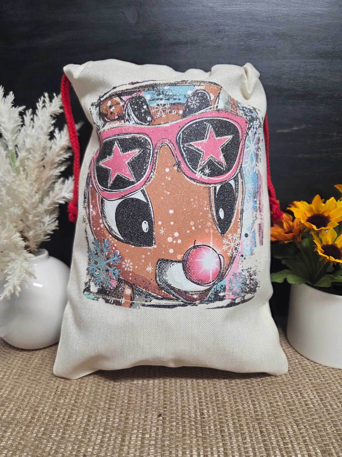 Retro Rudolph Glitter Print Santa Sack