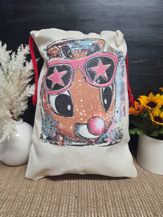 Retro Rudolph Glitter Print Santa Sack