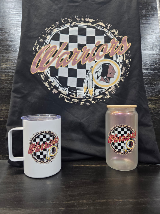 GLITTER Warriors Checkered Bundle – Shirt + 15oz Mug + 16oz Frosted Can Glass