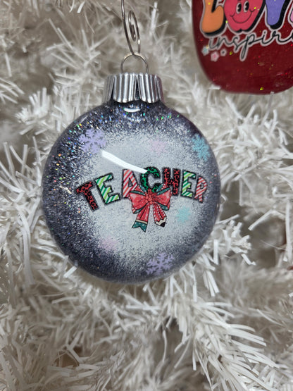 Teacher Christmas Glitter Ornament – Snowy Frosted Design with Bow