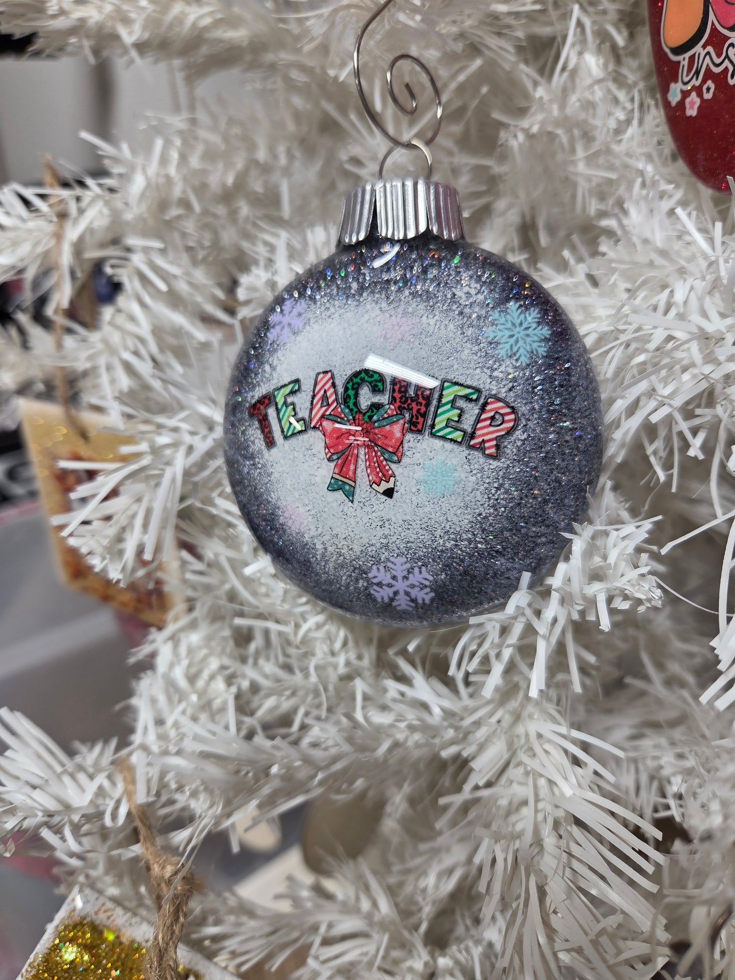 Teacher Christmas Glitter Ornament – Snowy Frosted Design with Bow