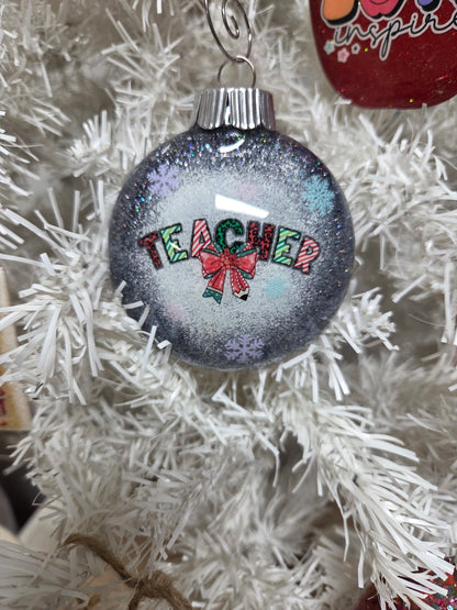 Teacher Christmas Glitter Ornament – Snowy Frosted Design with Bow