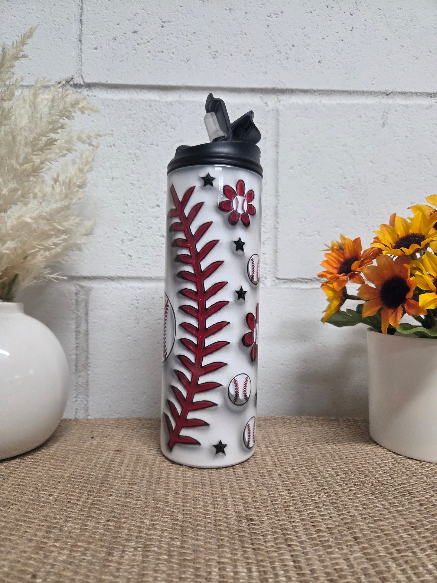 20oz Baseball Floral Water Bottle Tumbler