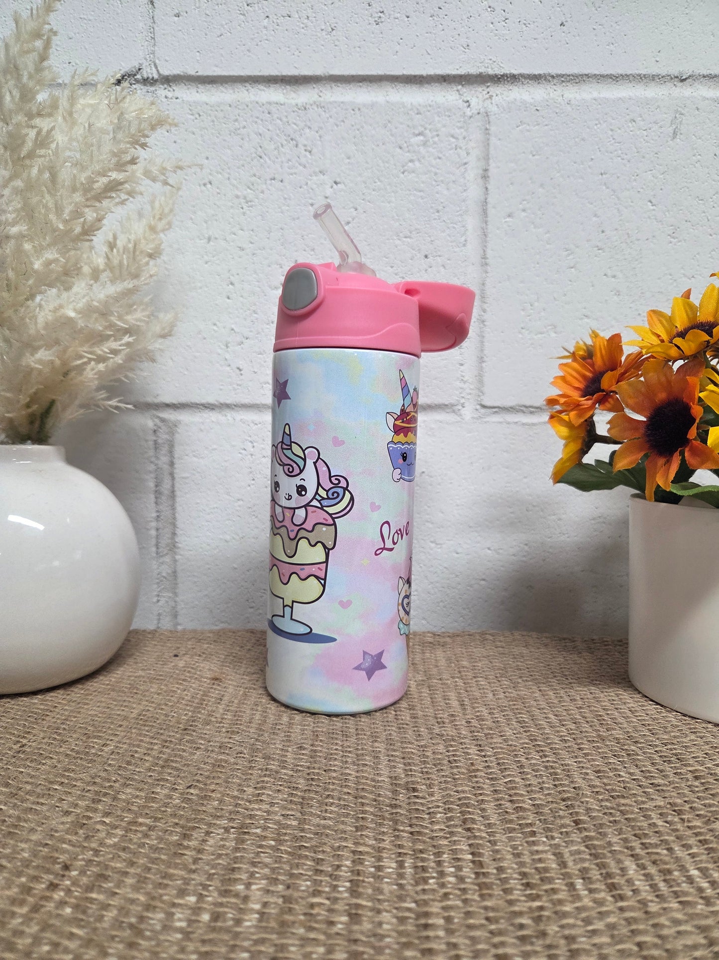 Personalized Kids Pop-Top Tumbler – Unicorn Cake Design with Straw Lid