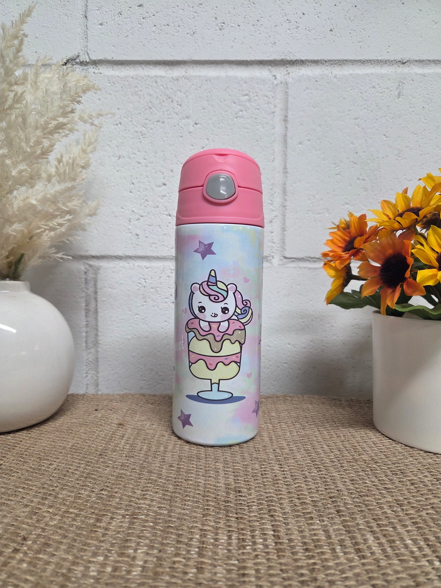 Personalized Kids Pop-Top Tumbler – Unicorn Cake Design with Straw Lid