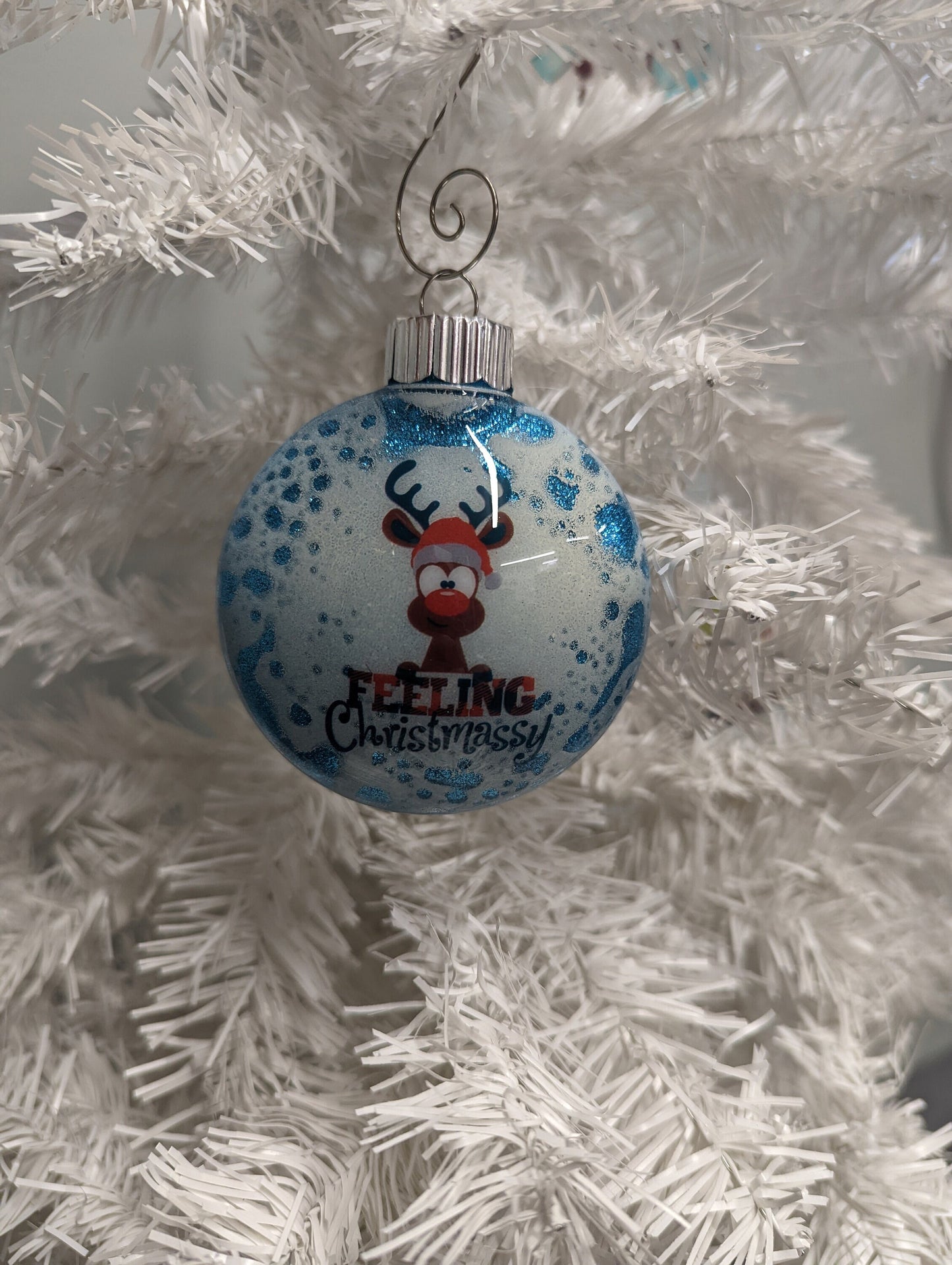“Feeling Christmassy” Handmade Ornament | Blue Glitter Reindeer Ornament