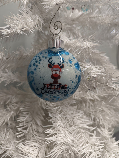 “Feeling Christmassy” Handmade Ornament | Blue Glitter Reindeer Ornament