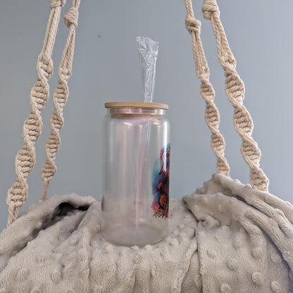 Highland Cow 16oz Frosted Glass Can With Purple Shimmer