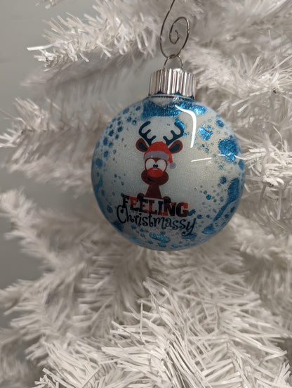 “Feeling Christmassy” Handmade Ornament | Blue Glitter Reindeer Ornament