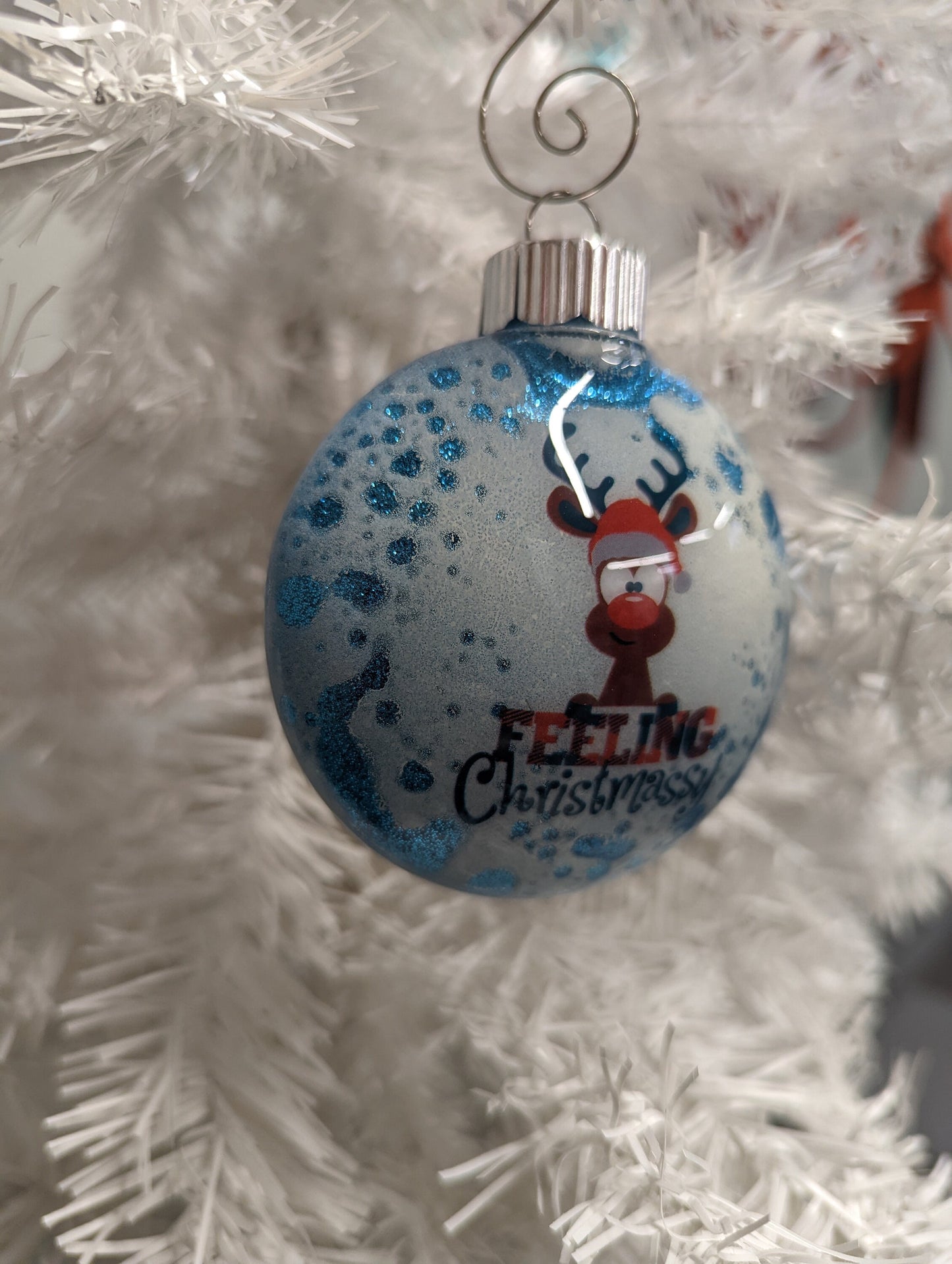 “Feeling Christmassy” Handmade Ornament | Blue Glitter Reindeer Ornament