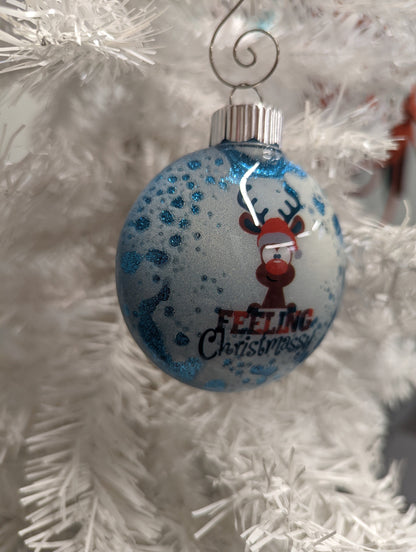 “Feeling Christmassy” Handmade Ornament | Blue Glitter Reindeer Ornament