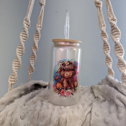 Highland Cow 16oz Frosted Glass Can With Purple Shimmer