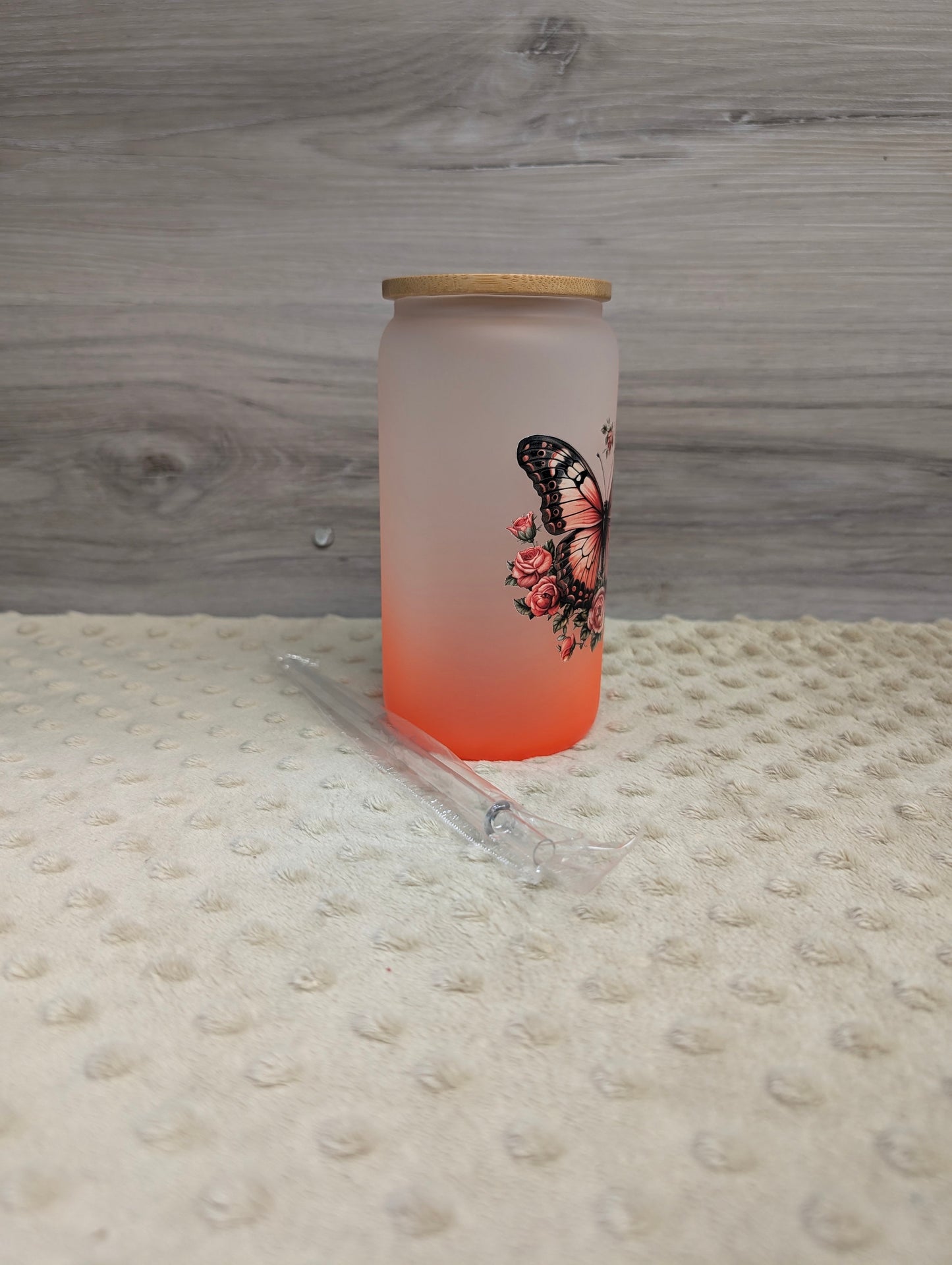 Butterfly 16oz Frosted Glass Can