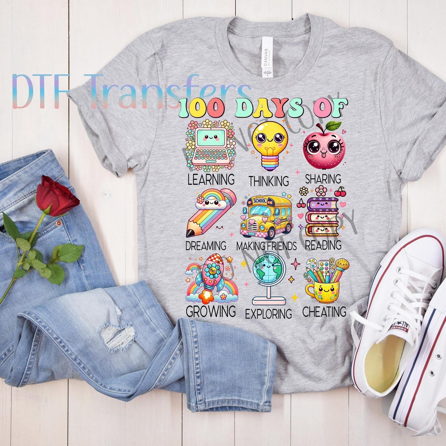 100 Days of School DTF Transfer-Pink Pencil, Bow & Glitter Look(NO GLITTTER)