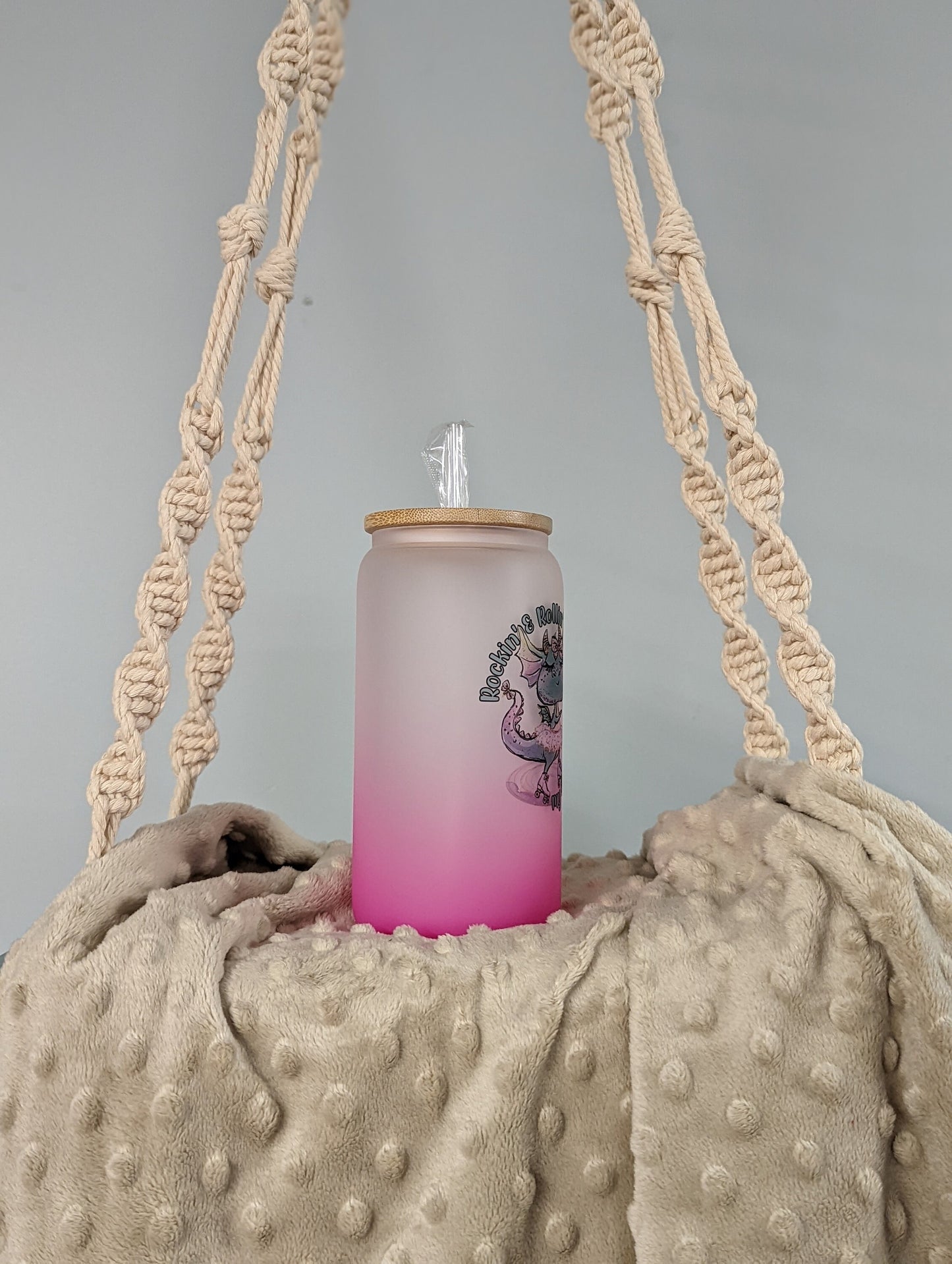 Pink Frosted Dragon Glass Cup – 16oz – “Rockin’ & Rollin’”