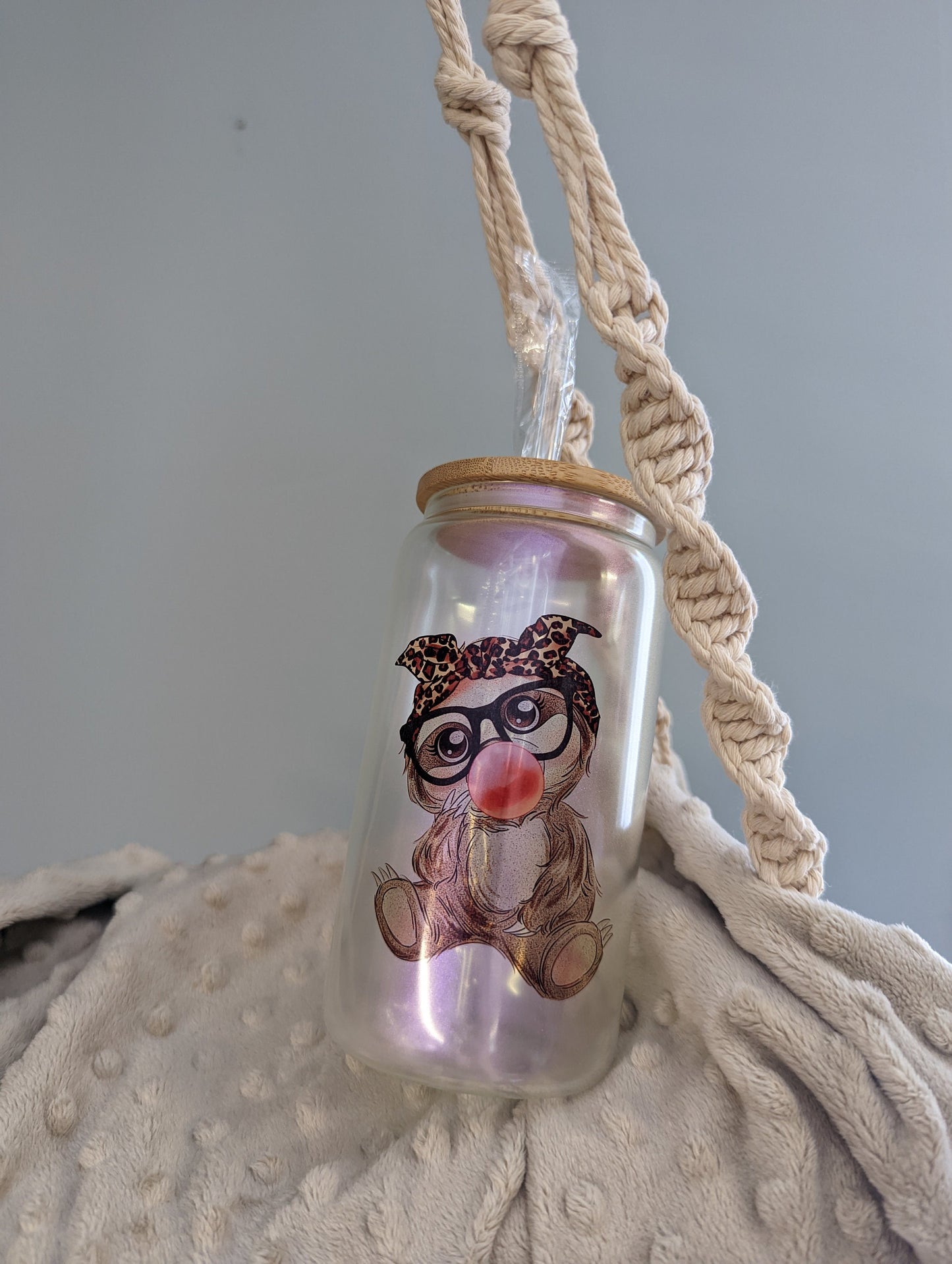 Leopard Bow Bubblegum Sloth Glass Can