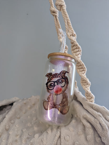 Leopard Bow Bubblegum Sloth Glass Can