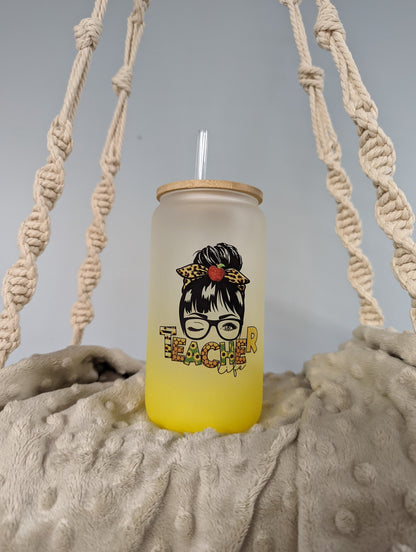Yellow Ombré Teacher Life Frosted Glass Can – 16oz