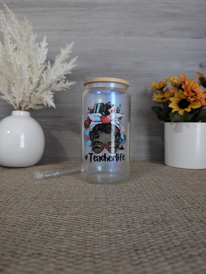 #TeacherLife Glass Can – Cute Teacher Bun Design