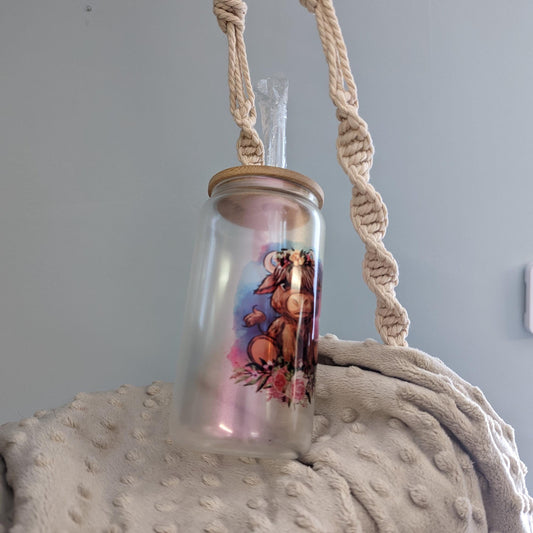 Highland Cow 16oz Frosted Glass Can With Purple Shimmer