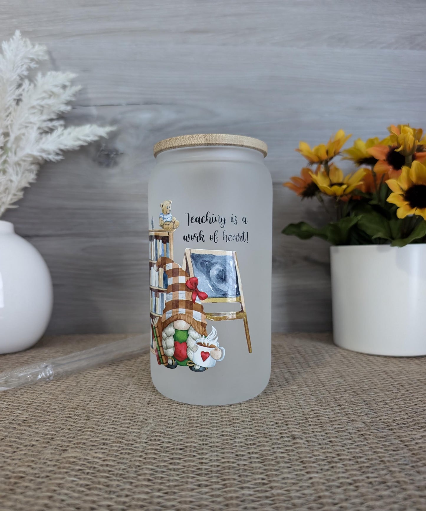 Frosted Teacher-Themed Glass Can